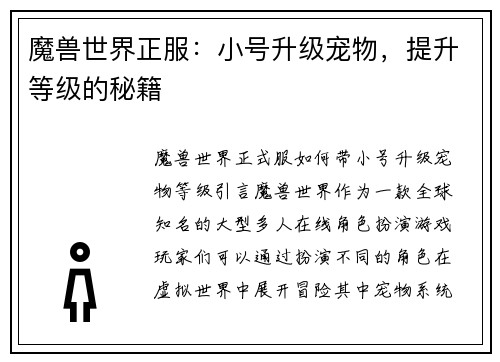 魔兽世界正服：小号升级宠物，提升等级的秘籍